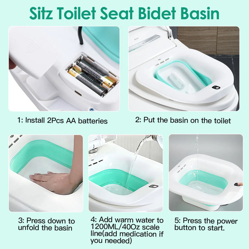 Electric Sitz Bath for Toilet Seat, Foldable Hip Bath Basin with Gentle Water Spray, Postpartum Care Soak Pan for Women, Portable