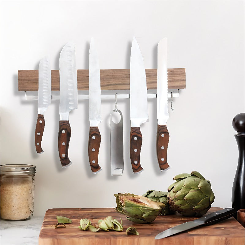 AEELLEEA-Wooden Magnetic Knife Strip, Wall Mount Knife Holder with 4 Hooks, Kitchen Storage Rack for Cutlery & Utensils, Space Saving Organizer