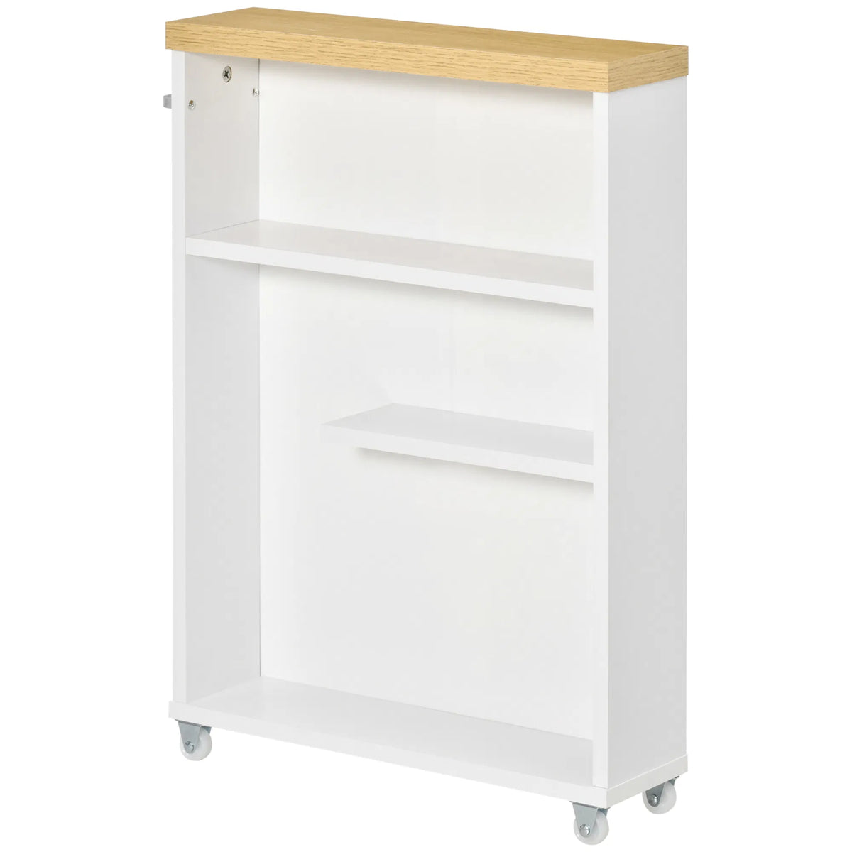 Slim Rolling Bathroom Storage Cabinet, White Narrow Side Organizer with Wheels, Multi‑Tier Shelves & Built‑In Toilet Paper Holder for Small Bathroom Spaces