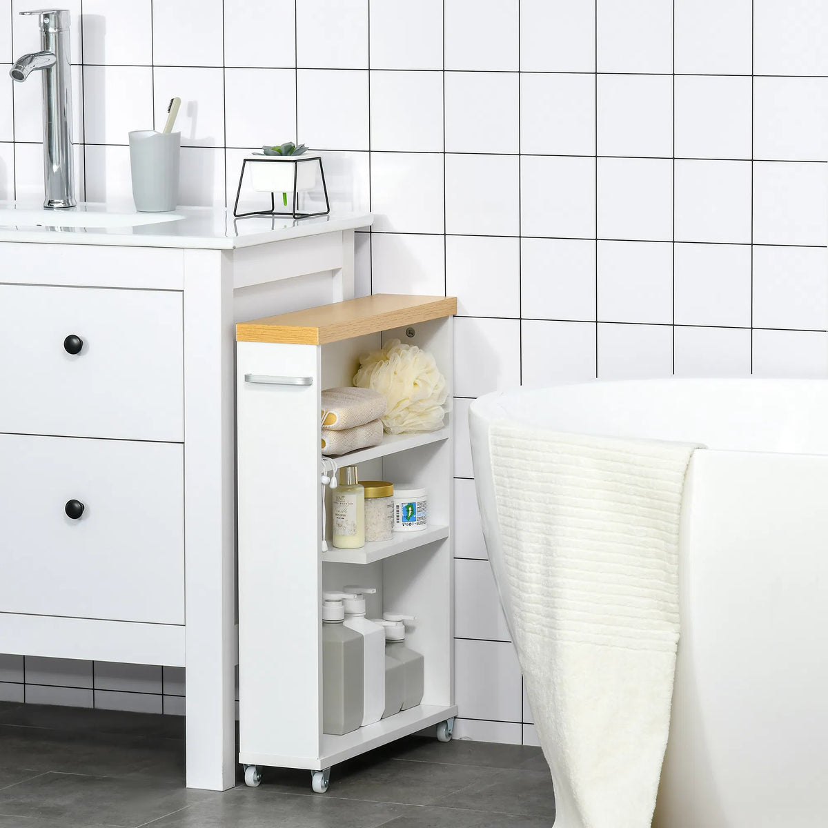 Slim Rolling Bathroom Storage Cabinet, White Narrow Side Organizer with Wheels, Multi‑Tier Shelves & Built‑In Toilet Paper Holder for Small Bathroom Spaces