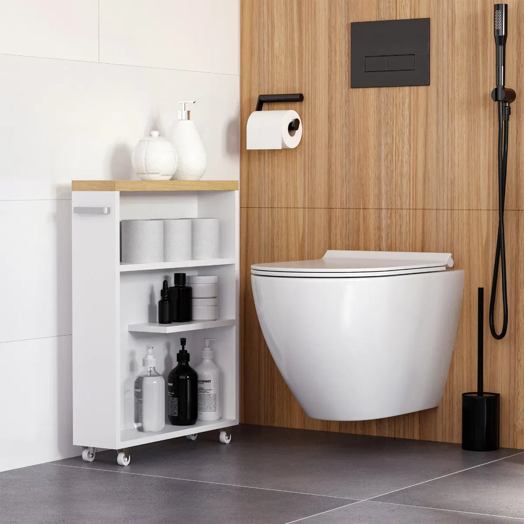 Slim Rolling Bathroom Storage Cabinet, White Narrow Side Organizer with Wheels, Multi‑Tier Shelves & Built‑In Toilet Paper Holder for Small Bathroom Spaces