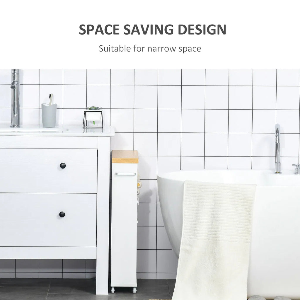 Slim Rolling Bathroom Storage Cabinet, White Narrow Side Organizer with Wheels, Multi‑Tier Shelves & Built‑In Toilet Paper Holder for Small Bathroom Spaces