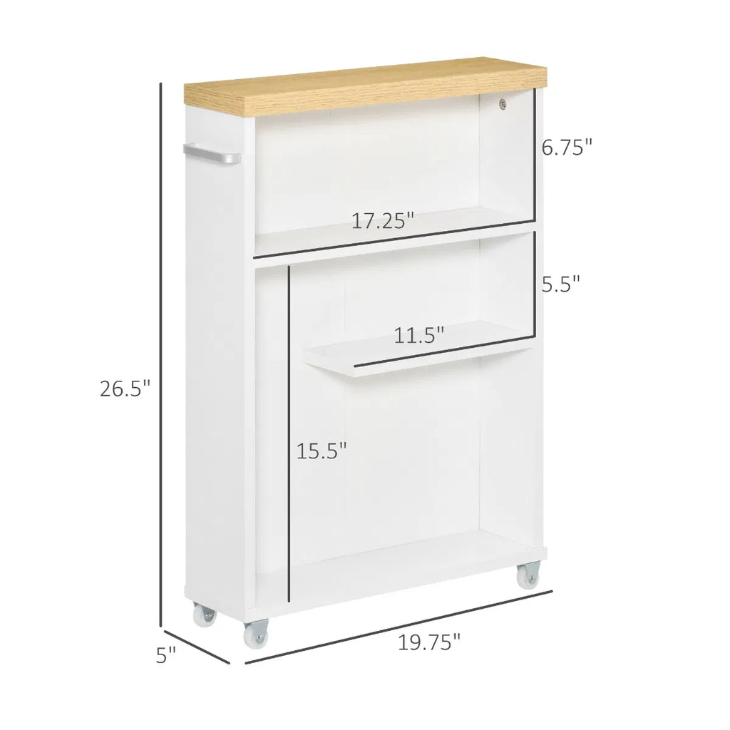 Slim Rolling Bathroom Storage Cabinet, White Narrow Side Organizer with Wheels, Multi‑Tier Shelves & Built‑In Toilet Paper Holder for Small Bathroom Spaces