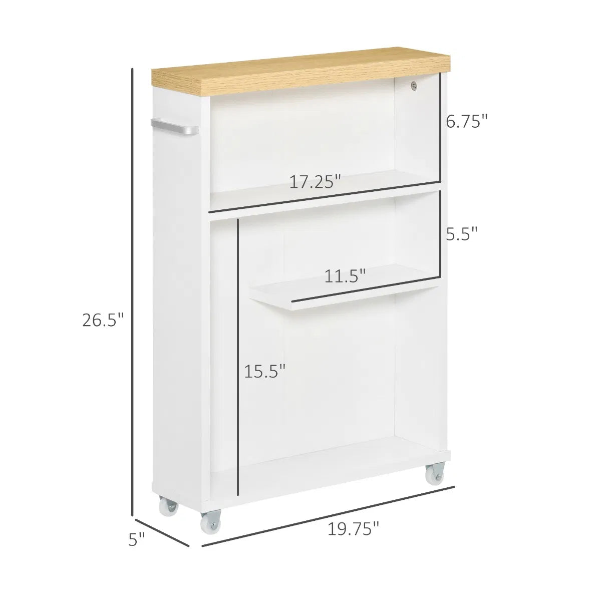 Slim Rolling Bathroom Storage Cabinet, White Narrow Side Organizer with Wheels, Multi‑Tier Shelves & Built‑In Toilet Paper Holder for Small Bathroom Spaces