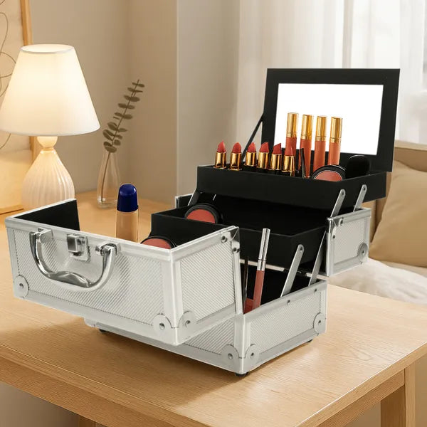 Silver Aluminum Makeup Train Case with Mirror, Portable Cosmetic & Jewelry Storage Box, 9"x6"x6" Travel Beauty Organizer