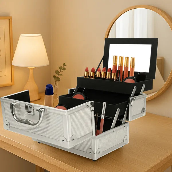 Silver Aluminum Makeup Train Case with Mirror, Portable Cosmetic & Jewelry Storage Box, 9"x6"x6" Travel Beauty Organizer