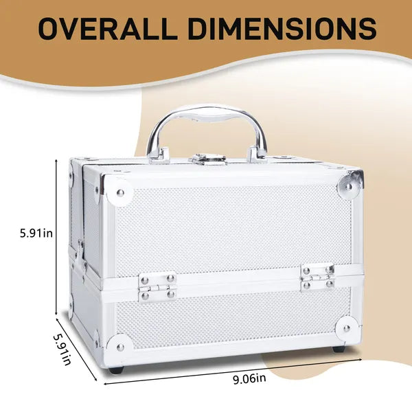 Silver Aluminum Makeup Train Case with Mirror, Portable Cosmetic & Jewelry Storage Box, 9"x6"x6" Travel Beauty Organizer