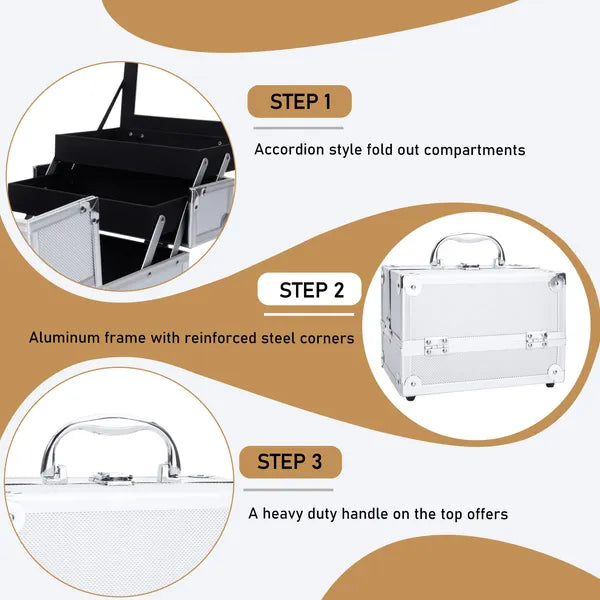 Silver Aluminum Makeup Train Case with Mirror, Portable Cosmetic & Jewelry Storage Box, 9"x6"x6" Travel Beauty Organizer
