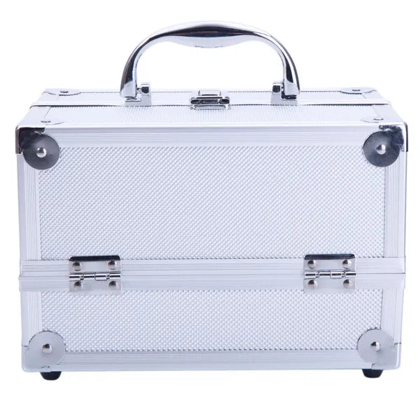 Silver Aluminum Makeup Train Case with Mirror, Portable Cosmetic & Jewelry Storage Box, 9"x6"x6" Travel Beauty Organizer