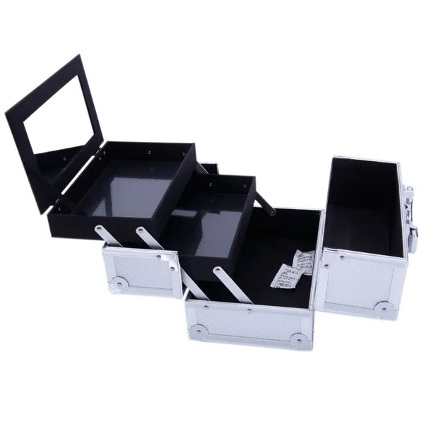 Silver Aluminum Makeup Train Case with Mirror, Portable Cosmetic & Jewelry Storage Box, 9"x6"x6" Travel Beauty Organizer