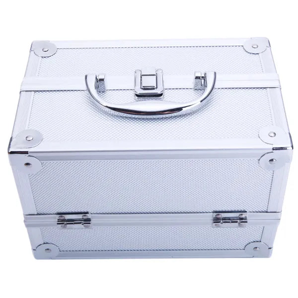 Silver Aluminum Makeup Train Case with Mirror, Portable Cosmetic & Jewelry Storage Box, 9"x6"x6" Travel Beauty Organizer
