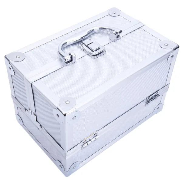 Silver Aluminum Makeup Train Case with Mirror, Portable Cosmetic & Jewelry Storage Box, 9"x6"x6" Travel Beauty Organizer