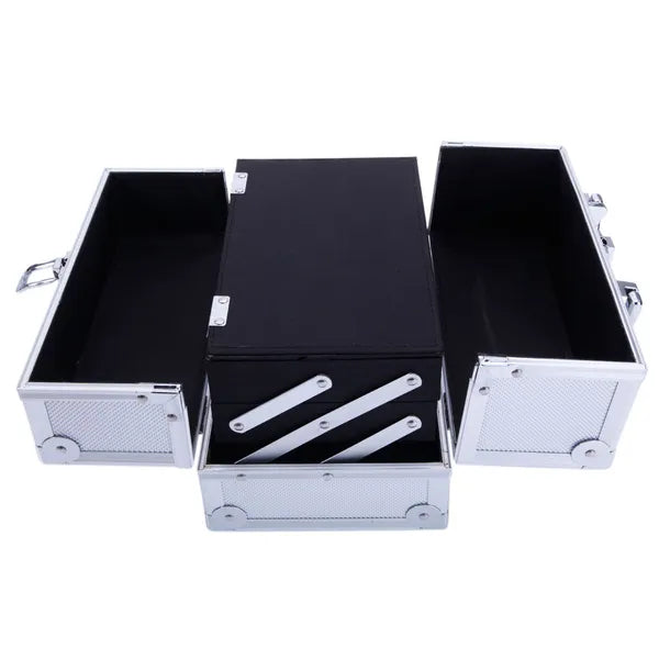 Silver Aluminum Makeup Train Case with Mirror, Portable Cosmetic & Jewelry Storage Box, 9"x6"x6" Travel Beauty Organizer