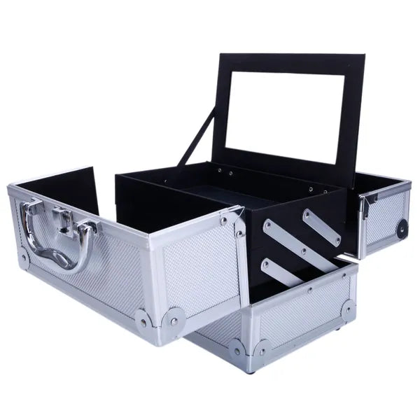 Silver Aluminum Makeup Train Case with Mirror, Portable Cosmetic & Jewelry Storage Box, 9"x6"x6" Travel Beauty Organizer