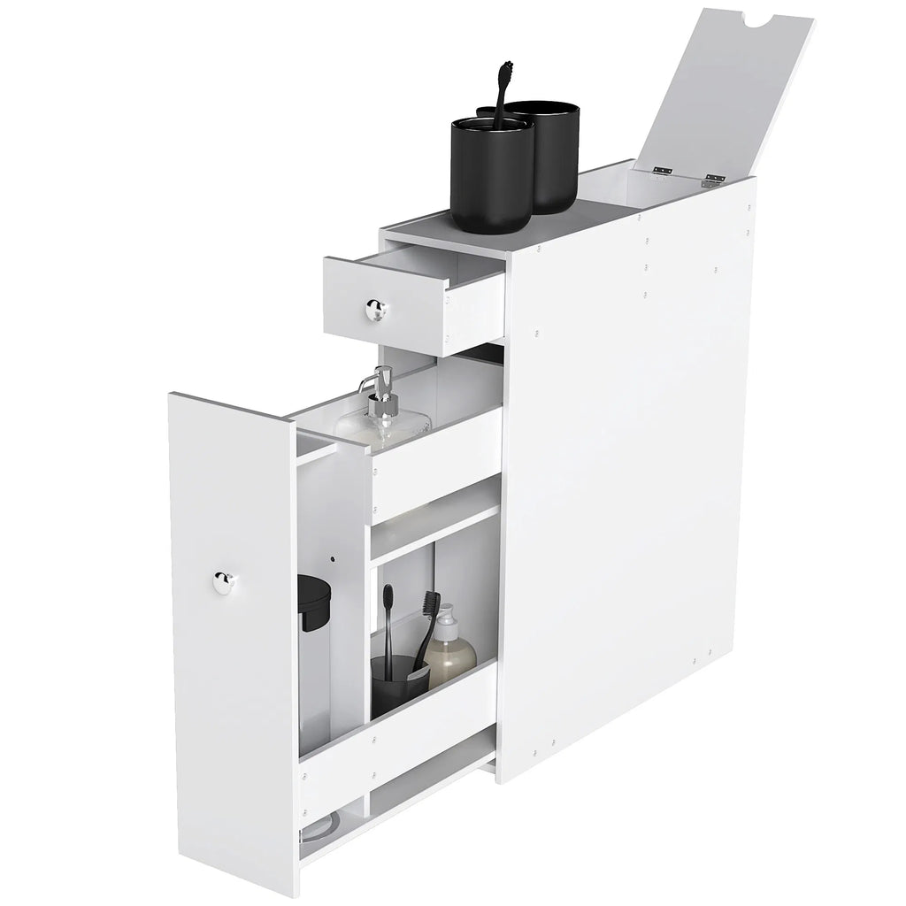Slim White Wooden Bathroom Storage Cabinet, Freestanding Toilet Side Organizer with Drawers for Small Bathroom Space