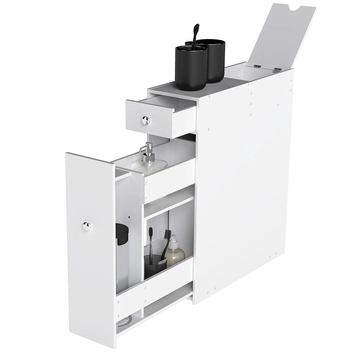 Slim White Wooden Bathroom Storage Cabinet, Freestanding Toilet Side Organizer with Drawers for Small Bathroom Space