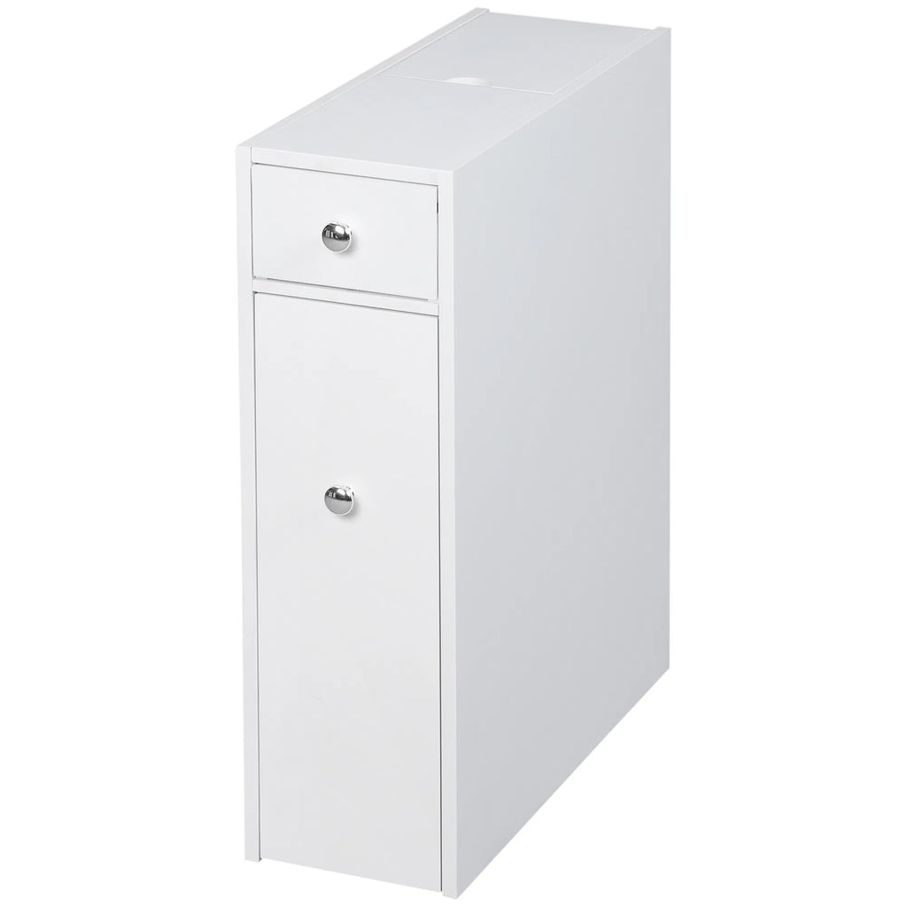 Slim White Wooden Bathroom Storage Cabinet, Freestanding Toilet Side Organizer with Drawers for Small Bathroom Space
