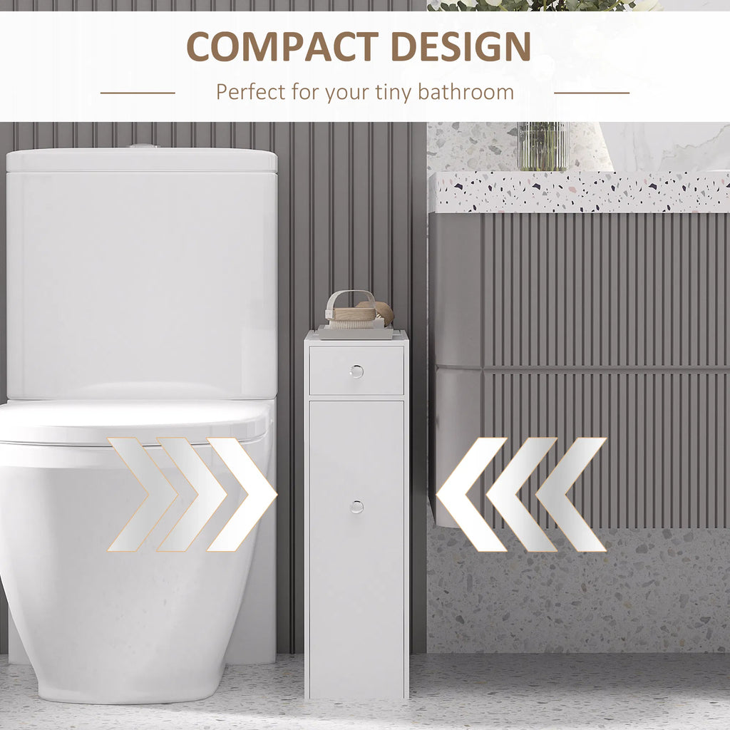 Slim White Wooden Bathroom Storage Cabinet, Freestanding Toilet Side Organizer with Drawers for Small Bathroom Space