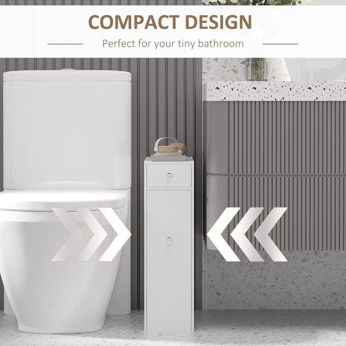 Slim White Wooden Bathroom Storage Cabinet, Freestanding Toilet Side Organizer with Drawers for Small Bathroom Space
