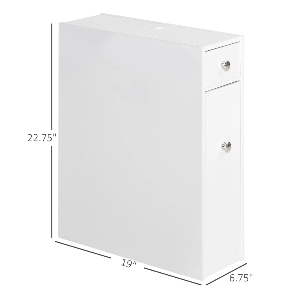 Slim White Wooden Bathroom Storage Cabinet, Freestanding Toilet Side Organizer with Drawers for Small Bathroom Space
