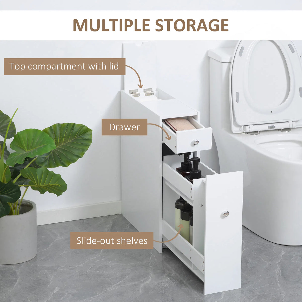 Slim White Wooden Bathroom Storage Cabinet, Freestanding Toilet Side Organizer with Drawers for Small Bathroom Space