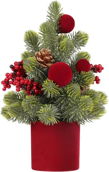 Aeelleea 12 Inch Artificial Mini Christmas Tree, Burgundy Velvet Ball Berry Tabletop Xmas Decor for Thanksgiving & Christmas Indoor Party