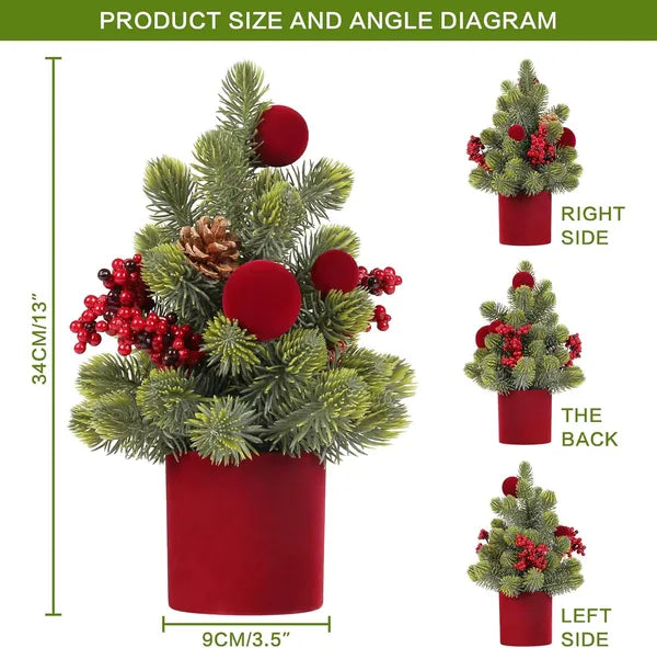 Aeelleea 12 Inch Artificial Mini Christmas Tree, Burgundy Velvet Ball Berry Tabletop Xmas Decor for Thanksgiving & Christmas Indoor Party