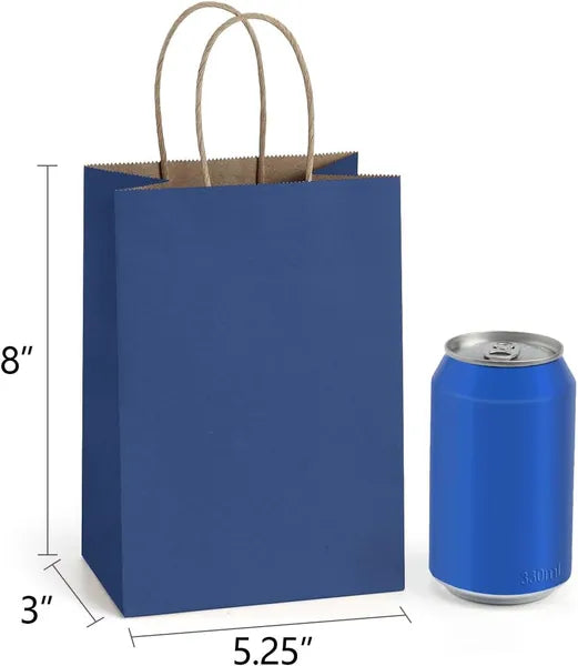 Aeelleea Navy Blue Kraft Paper Gift Bags with Handles, 5.25"x3"x8", Pack of 25, Small Paper Bags for Birthday Wedding Party Favors Retail Merchandise