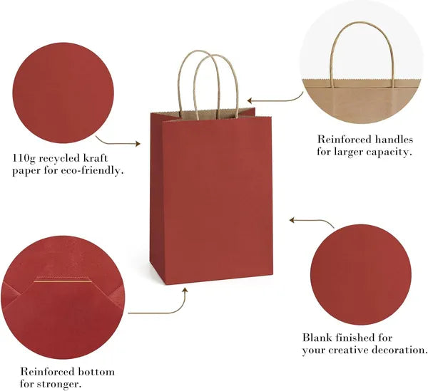 Aeelleea Red Kraft Paper Gift Bags with Handles, 5.25"x3"x8", Pack of 25, Small Paper Bags for Birthday Wedding Christmas Valentine Party Favors