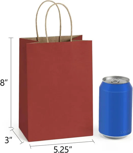 Aeelleea Red Kraft Paper Gift Bags with Handles, 5.25"x3"x8", Pack of 25, Small Paper Bags for Birthday Wedding Christmas Valentine Party Favors