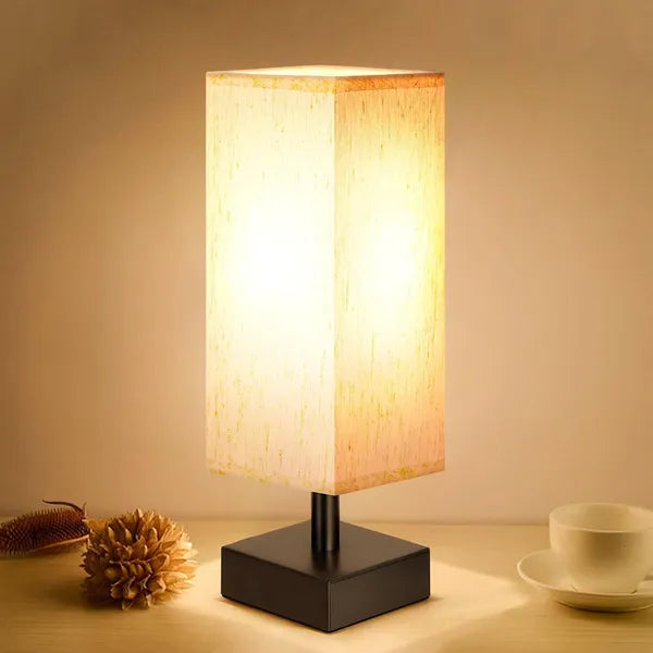 Aeelleea Square Fabric Shade Table Lamp, Minimalist Bedside Night Light, Small Desk Reading Lamp for Bedroom Living Room Dorm Office, 7.1×7.1×17.7in