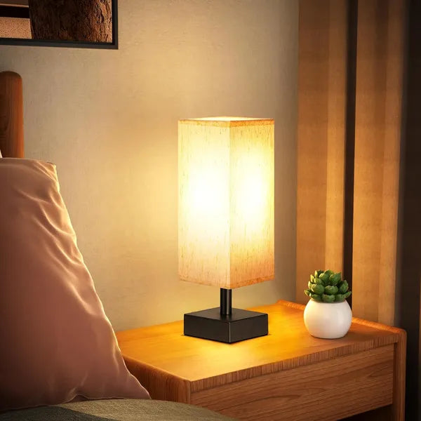 Aeelleea Square Fabric Shade Table Lamp, Minimalist Bedside Night Light, Small Desk Reading Lamp for Bedroom Living Room Dorm Office, 7.1×7.1×17.7in