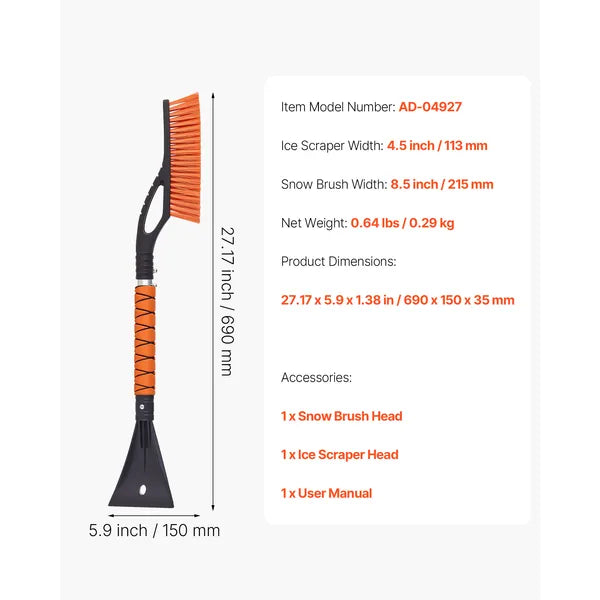 Aeelleea 27 Inch Detachable Car Snow Brush & Ice Scraper, Aluminum Pole, Foam Grip, Scratch Resistant Bristles for Car Truck SUV RV Windshield