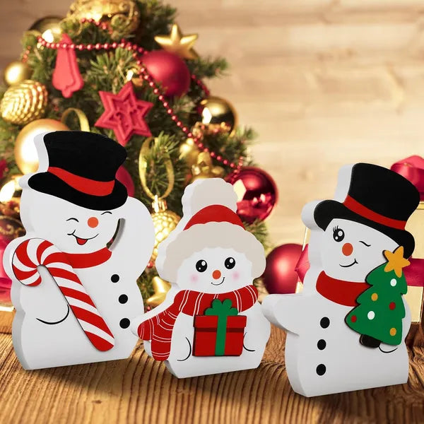 Aeelleea Wooden Snowman Tiered Tray Decor Set of 3, Indoor Christmas Winter Table Shelf Decor with Candy Cane Design