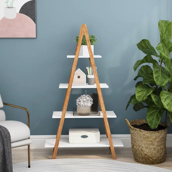 Aeelleea 4-Tier A Frame Ladder Bookshelf, 53.54 Inch Solid Bamboo Display Rack, Freestanding Trapezoidal Storage Shelf for Living Room Bedroom Decor