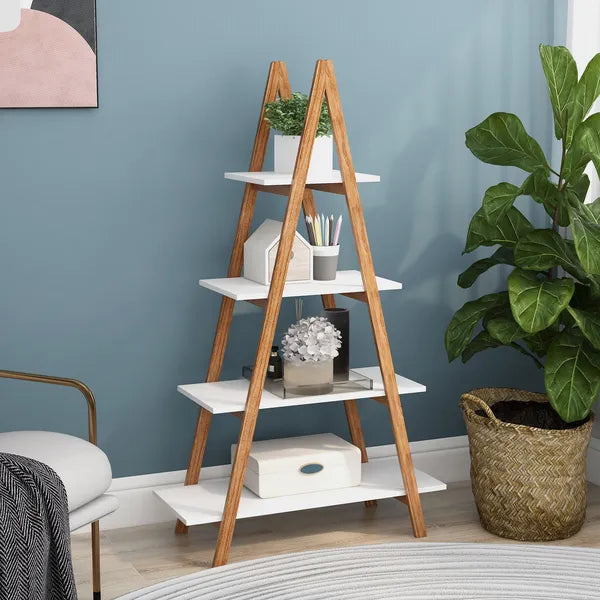 Aeelleea 4-Tier A Frame Ladder Bookshelf, 53.54 Inch Solid Bamboo Display Rack, Freestanding Trapezoidal Storage Shelf for Living Room Bedroom Decor