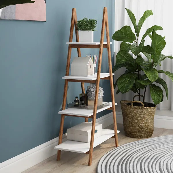 Aeelleea 4-Tier A Frame Ladder Bookshelf, 53.54 Inch Solid Bamboo Display Rack, Freestanding Trapezoidal Storage Shelf for Living Room Bedroom Decor