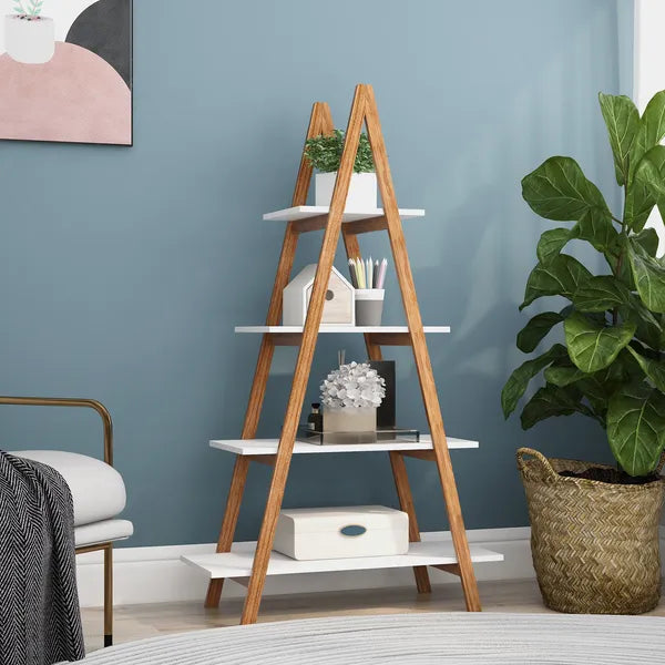 Aeelleea 4-Tier A Frame Ladder Bookshelf, 53.54 Inch Solid Bamboo Display Rack, Freestanding Trapezoidal Storage Shelf for Living Room Bedroom Decor