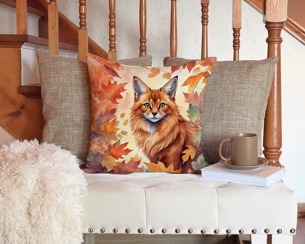 Somali Cat Fall Leaves Square Throw Pillow 14"x14" - Autumn, Halloween & Thanksgiving Decor, Machine Washable Indoor Outdoor