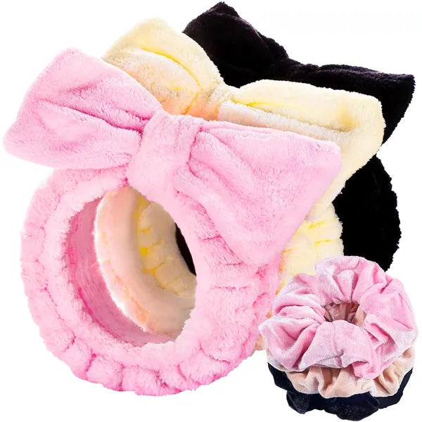 AEELLEEA 6Pcs Velvet Spa Headband & Scrunchies Set, Removable Bow Headband, Soft Hair Ties for Skincare Face Wash