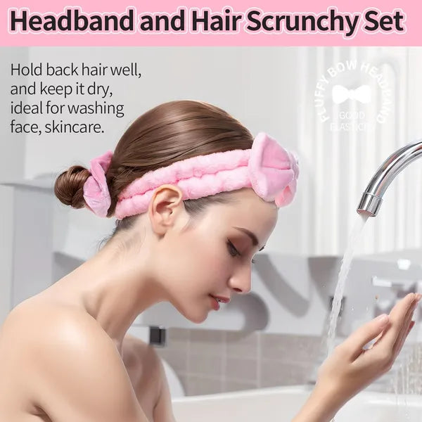 AEELLEEA 6Pcs Velvet Spa Headband & Scrunchies Set, Removable Bow Headband, Soft Hair Ties for Skincare Face Wash