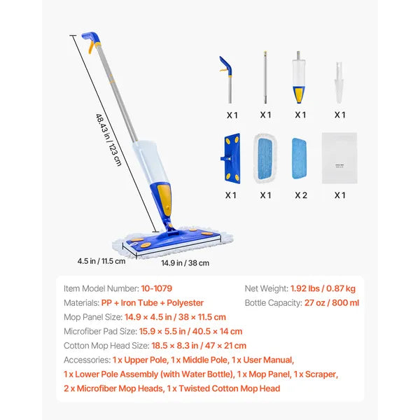 Spray Mop with 3 Washable Pads, 27oz Refillable Water Tank, Wet & Dry Floor Mop for Tile, Vinyl & Wood, Home & Commercial Use