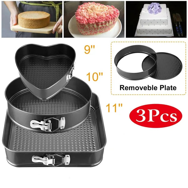 3 Pack Springform Cake Pan Set, Nonstick Removable Bottom Baking Pans, Heart Round Square Shaped Cheesecake Molds for Home Baking