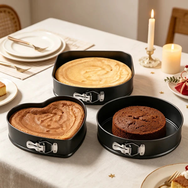 3 Pack Springform Cake Pan Set, Nonstick Removable Bottom Baking Pans, Heart Round Square Shaped Cheesecake Molds for Home Baking