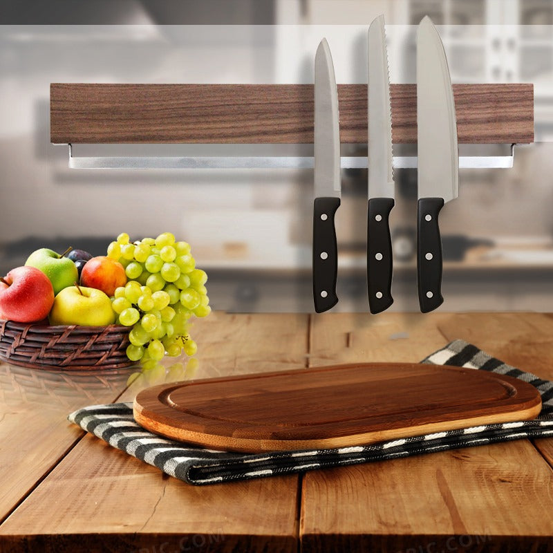 AEELLEEA-Wooden Magnetic Knife Strip, Wall Mount Knife Holder with 4 Hooks, Kitchen Storage Rack for Cutlery & Utensils, Space Saving Organizer