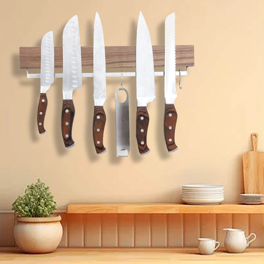 AEELLEEA-Wooden Magnetic Knife Strip, Wall Mount Knife Holder with 4 Hooks, Kitchen Storage Rack for Cutlery & Utensils, Space Saving Organizer