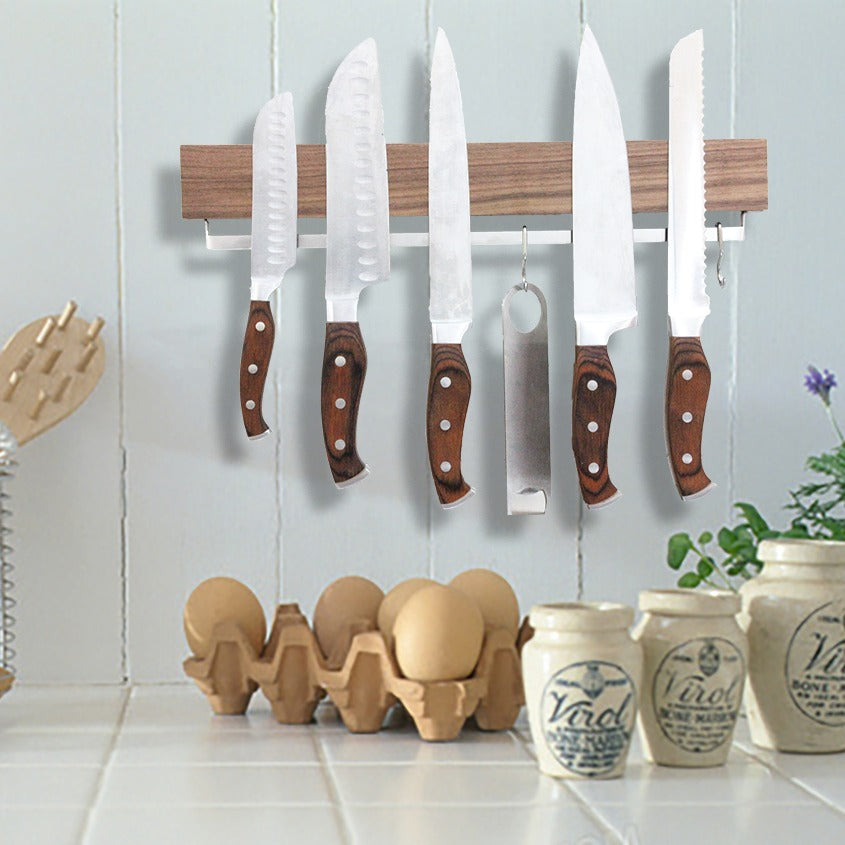 AEELLEEA-Wooden Magnetic Knife Strip, Wall Mount Knife Holder with 4 Hooks, Kitchen Storage Rack for Cutlery & Utensils, Space Saving Organizer