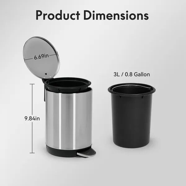 SSTC001-3L-S 3L Stainless Steel Pedal Trash Can, Compact Kitchen Waste Bin with Removable Inner Bucket