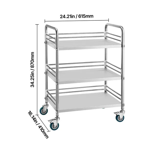 3-Tier Rolling Lab Utility Cart, Stainless Steel Mobile Storage Trolley with Lockable Silent Wheels, Heavy Duty Organizer for Lab, Clinic, Salon