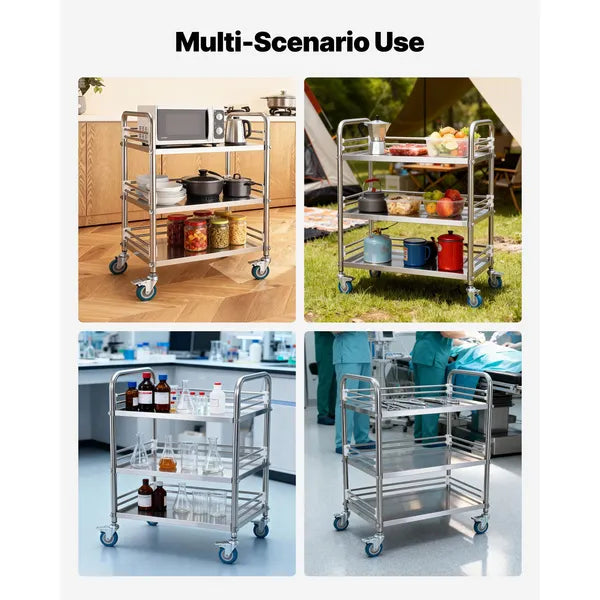3-Tier Rolling Lab Utility Cart, Stainless Steel Mobile Storage Trolley with Lockable Silent Wheels, Heavy Duty Organizer for Lab, Clinic, Salon
